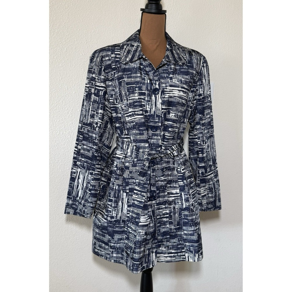 Coldwater Creek‎ Trench Coat Blue/Cream Abstract Belted Mid Length Sz M (10-12)